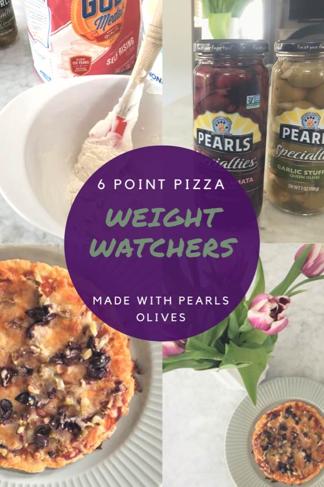 Spring time entertaining is made easy with this healthy weight watchers approved olive pizza! Check out my easy two-ingredient dough that you can make in three minutes, and tastes delicious!
